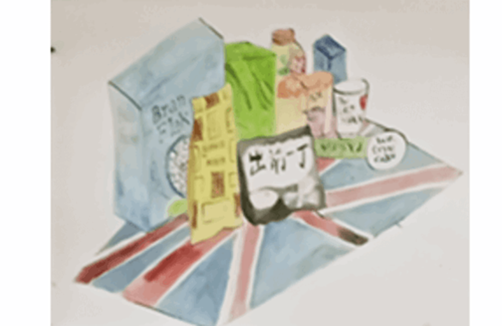 Drawing of food shopping and Union Jack