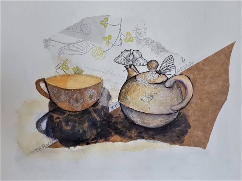 Mixed media artwork of teacup and teapot