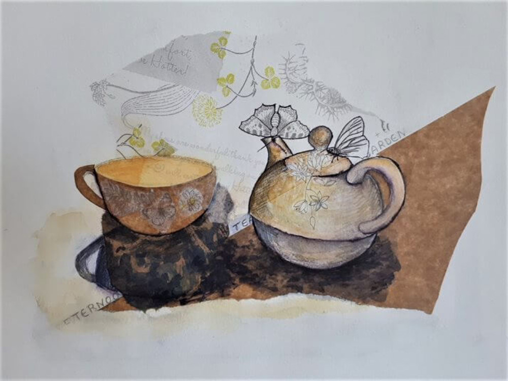 Mixed media artwork of teacup and teapot