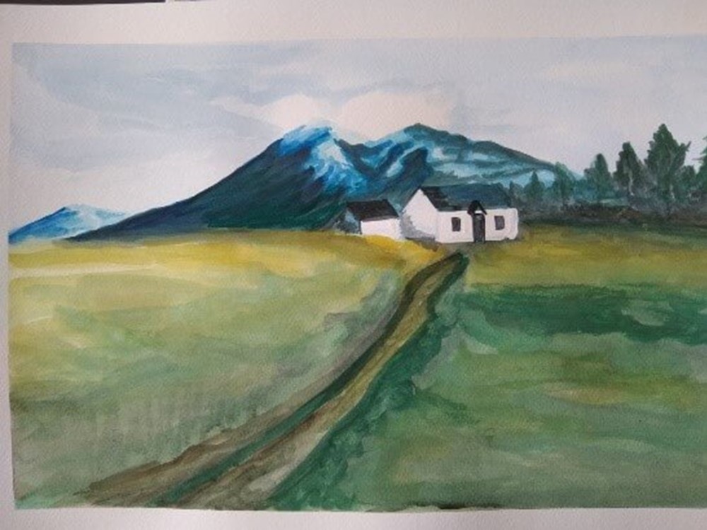 Painting of mountains in field