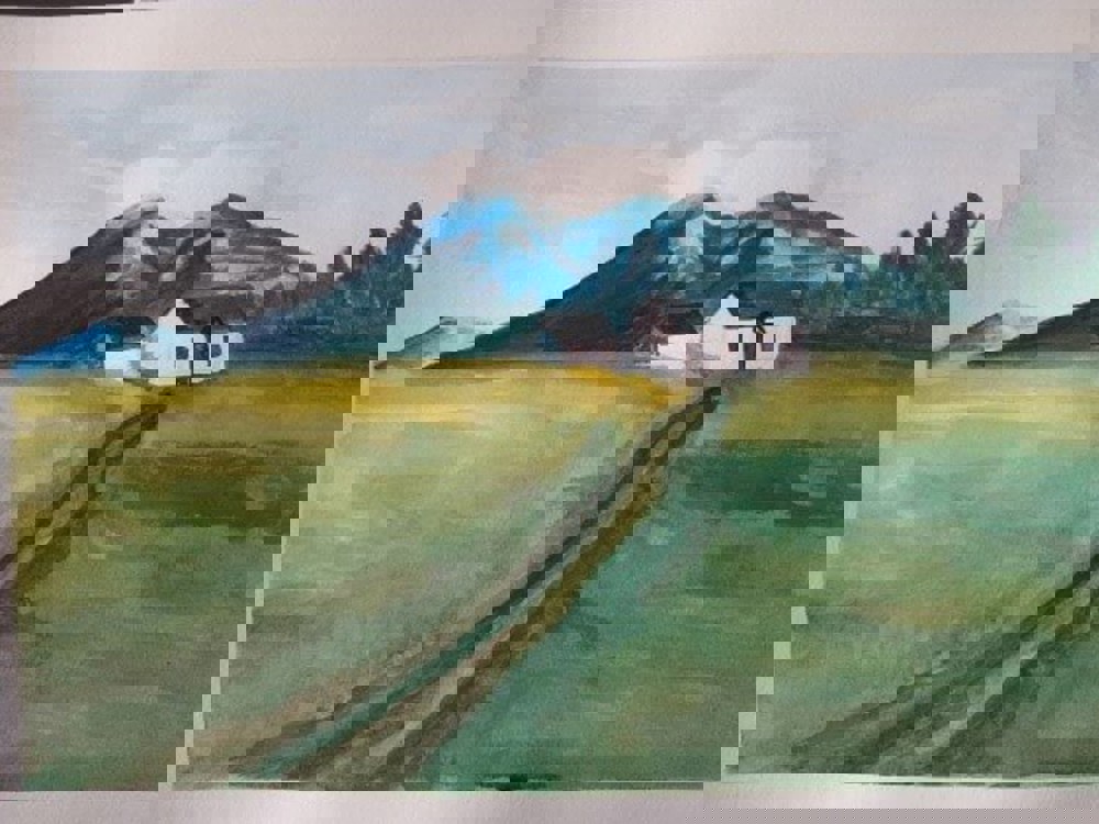 Painting of mountains in field