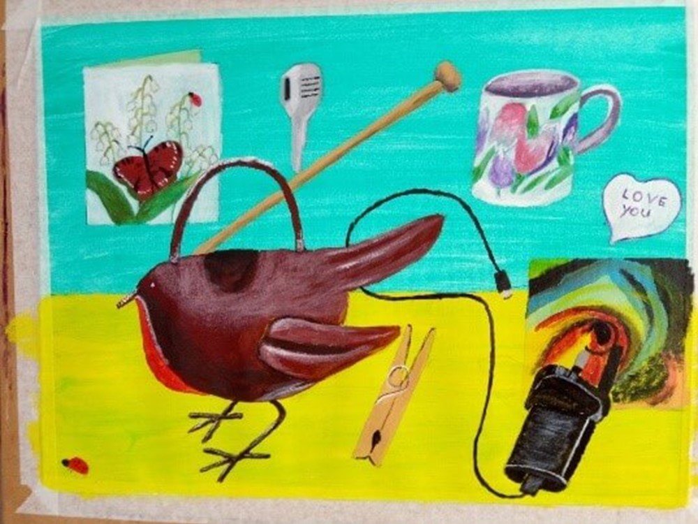 Painting of robin and house objects