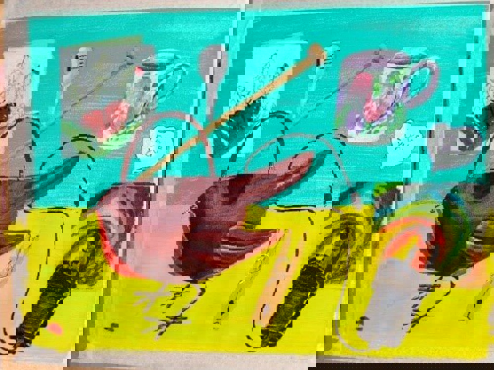 Painting of robin and house objects