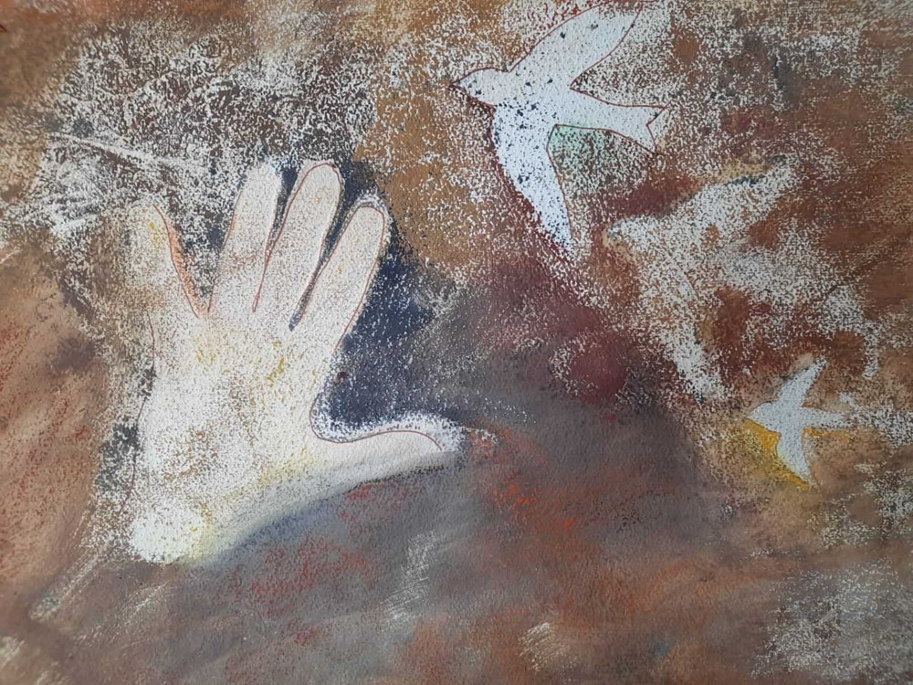 Abstract painting of hand and bird