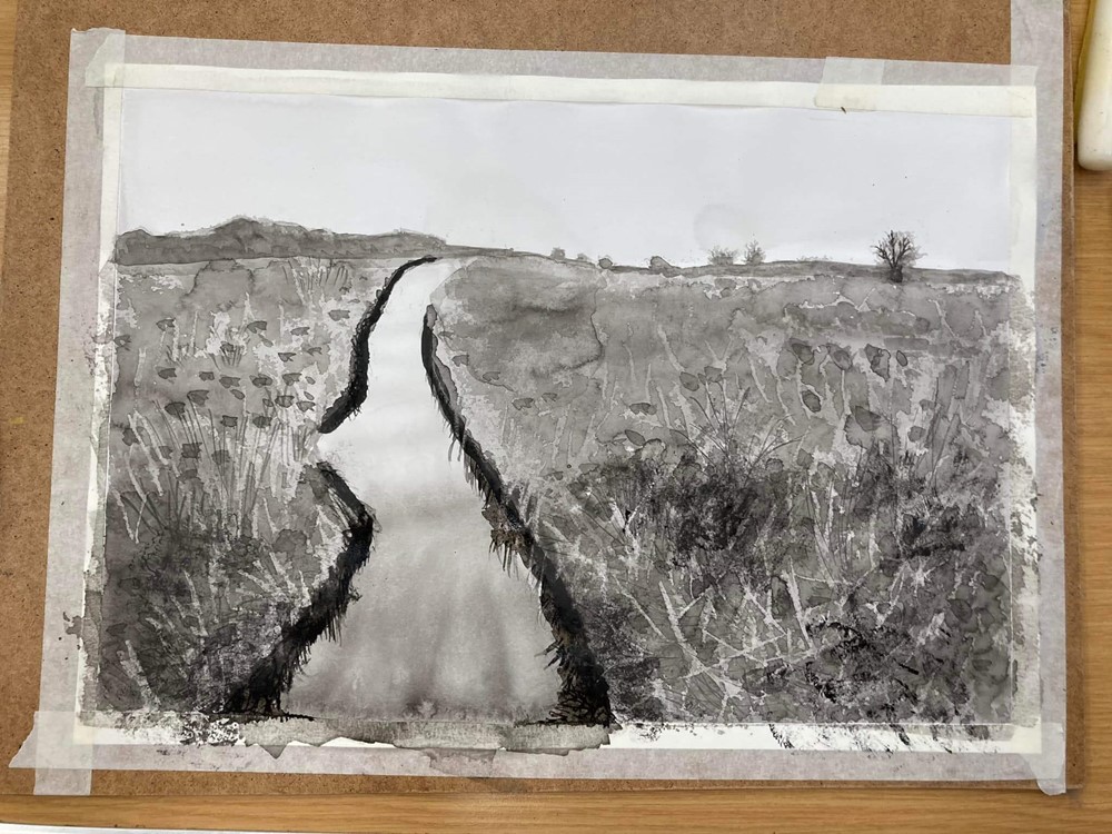 Black and white painting of lake