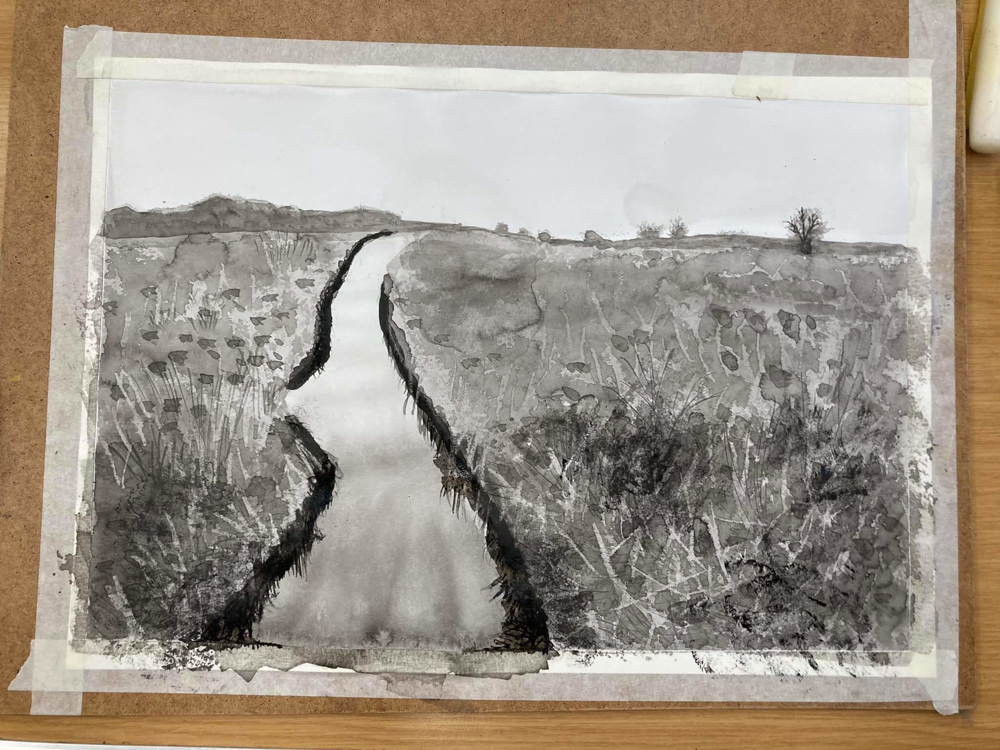 Black and white painting of lake 