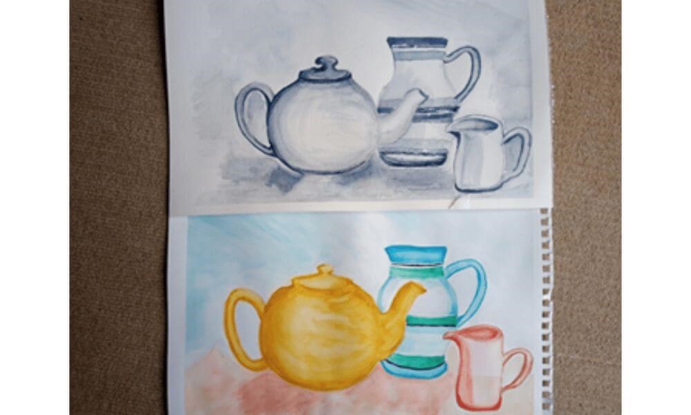 Watercolour painting of teapot and jugs
