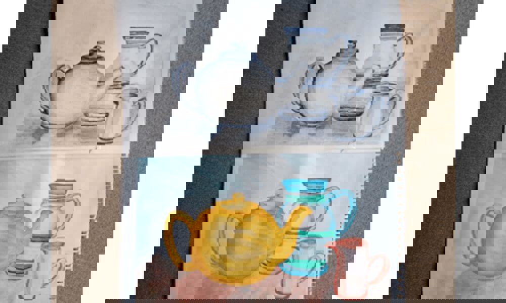 Watercolour painting of teapot and jugs