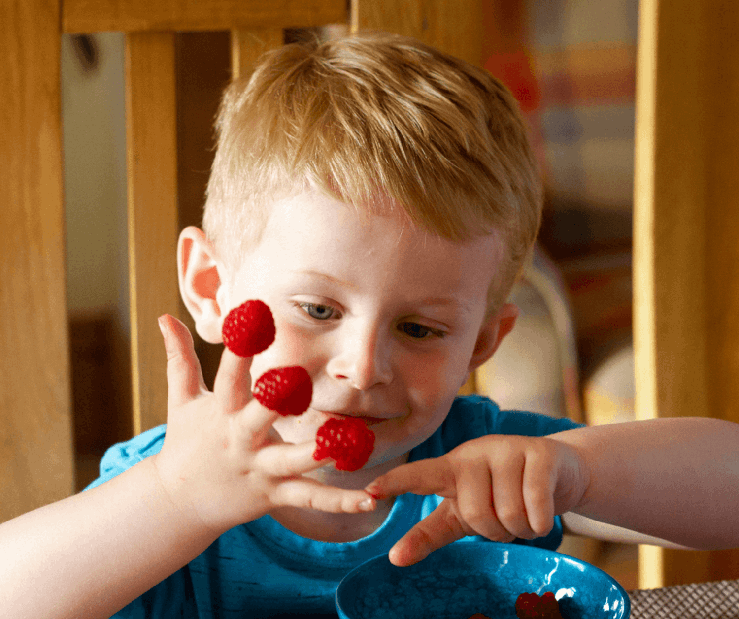 Boy counting raspberries on his fingers
