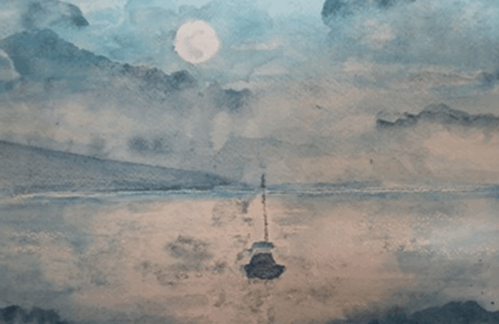 Painting of boat at night in sea