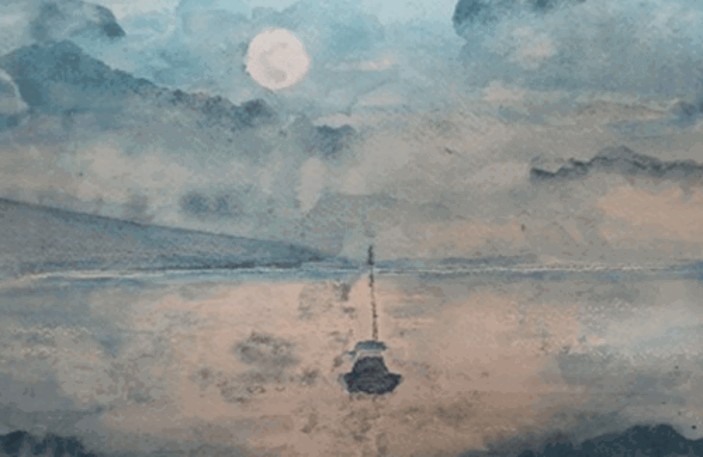 Painting of boat at night in sea