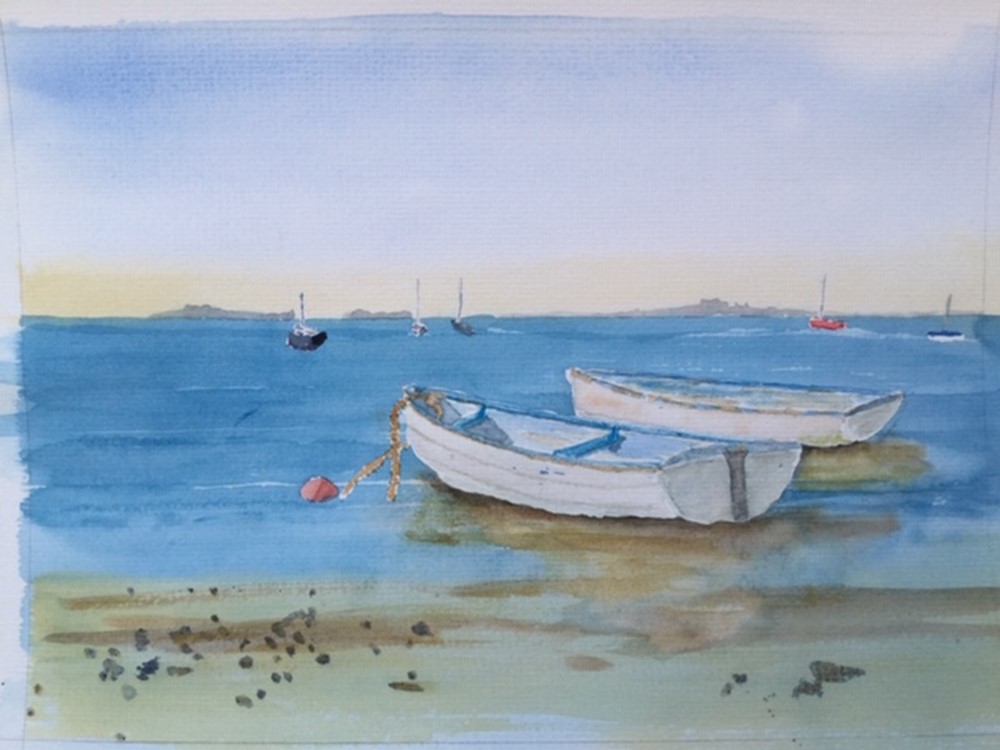 Learner painting of boats on a beach shore