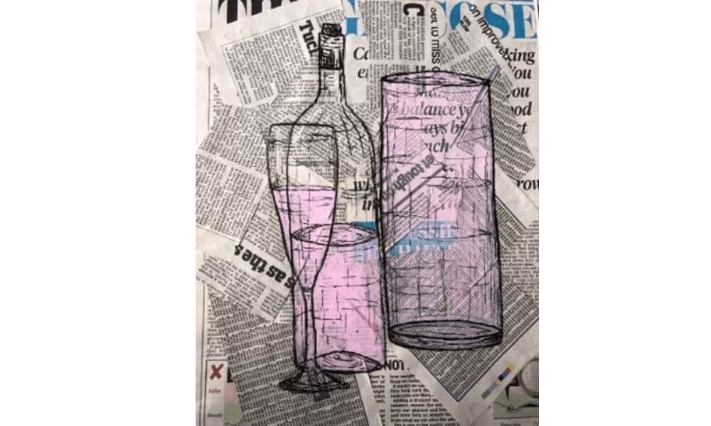 Collage and drawing of bottle with glass