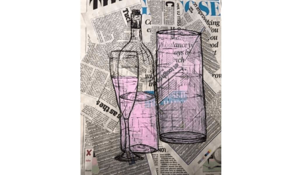 Collage and drawing of bottle with glass