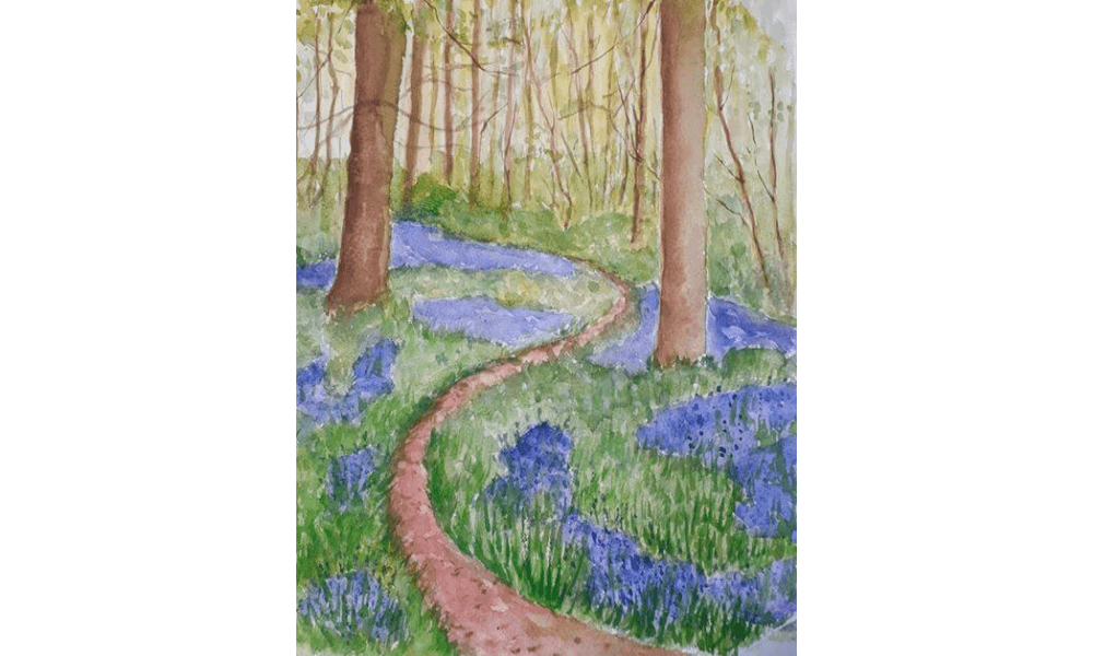 Watercolour painting of flowers in woods
