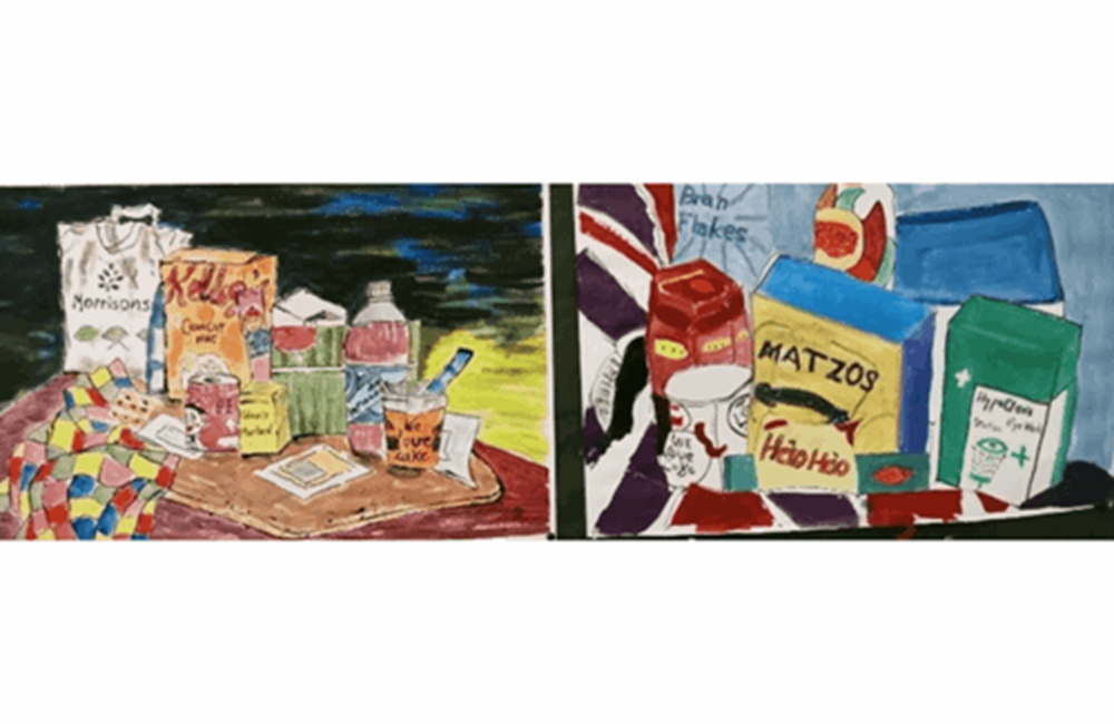 Two drawings of food shopping