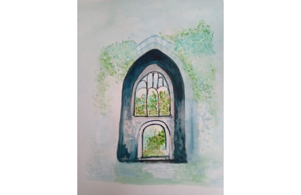 Watercolour painting of arch and window