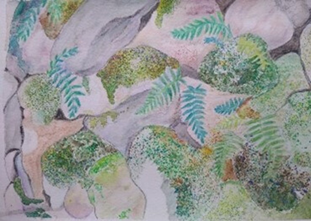 Painting of leaves and rocks