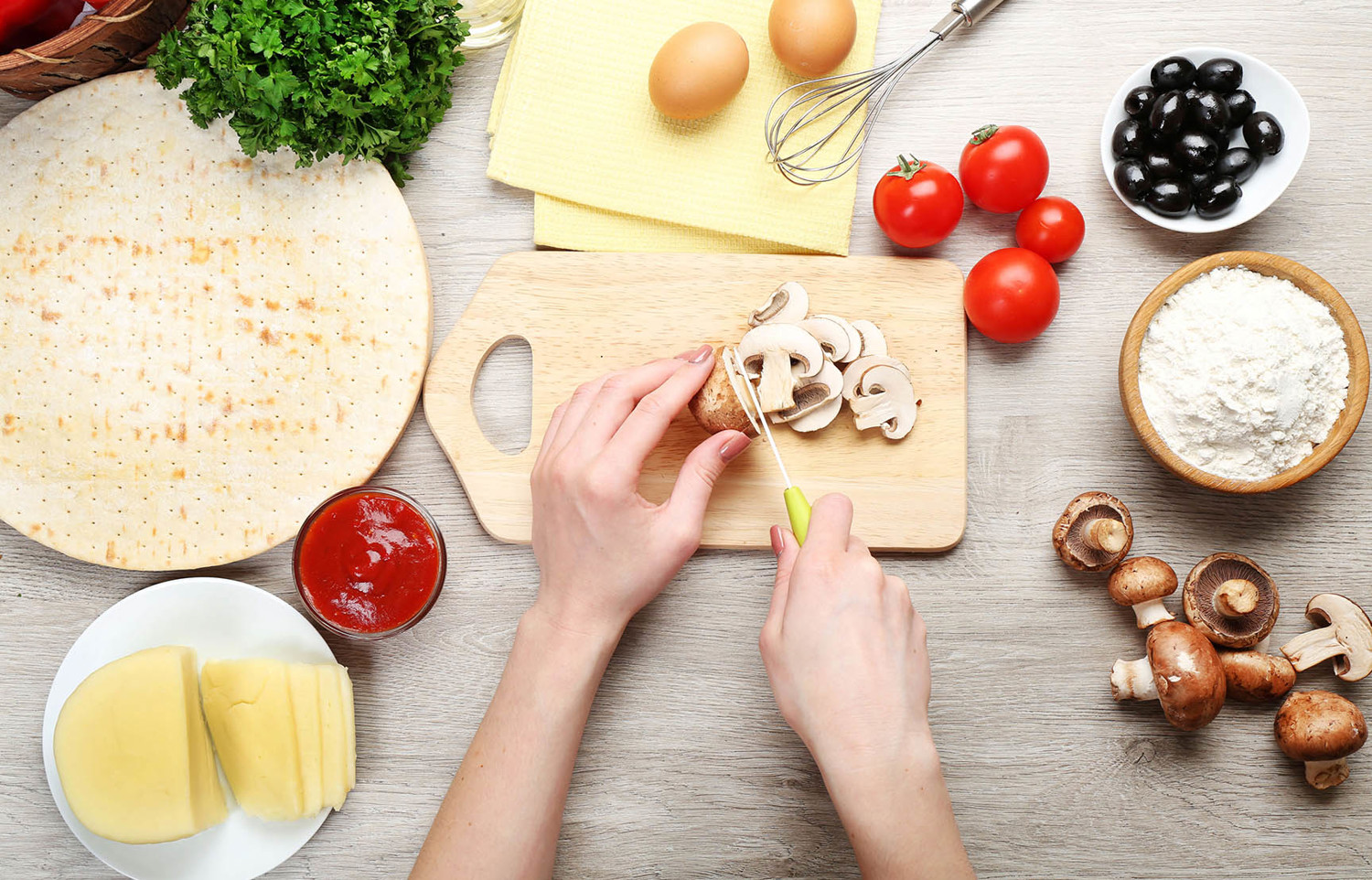 Cutting vegetables and preparing a meal