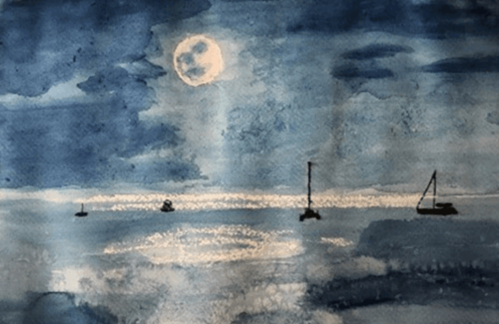 Painting of boats at night in sea
