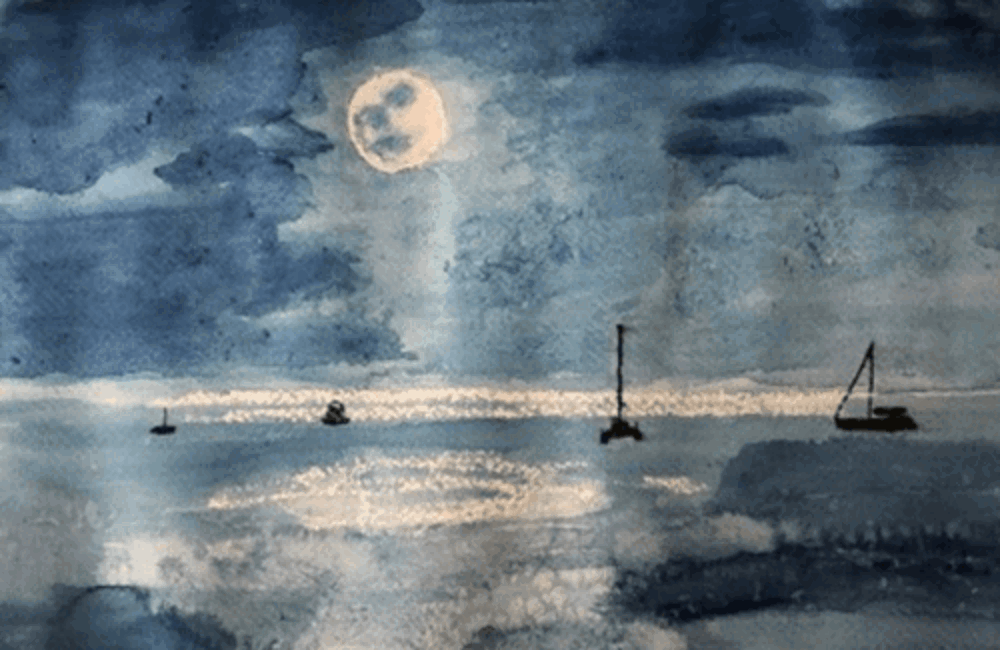 Painting of boats at night in sea
