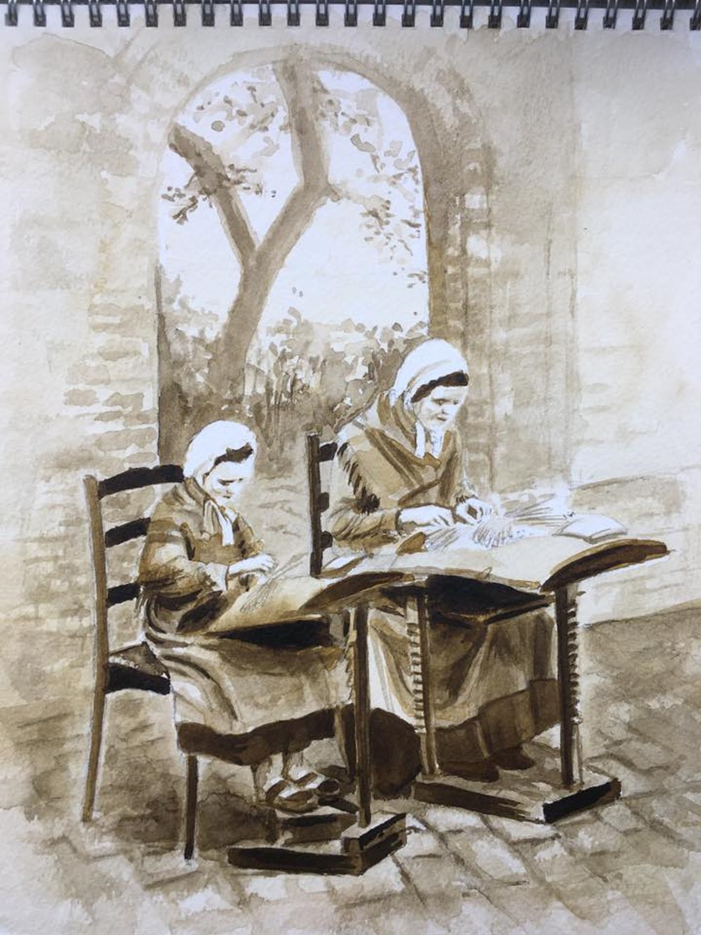 Learner painting showing two people working at a desk next to each other