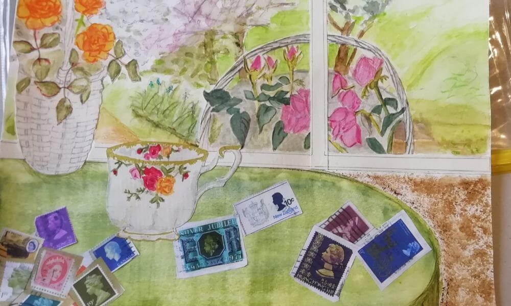 Drawing of teacup and stamps