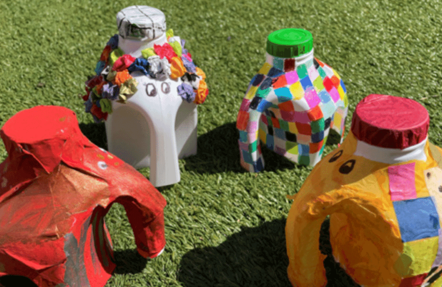 A handmade Elmer, made from a milk carton