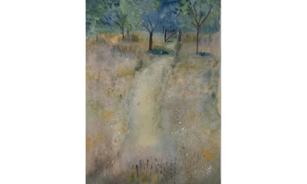 Watercolour painting of trees in field
