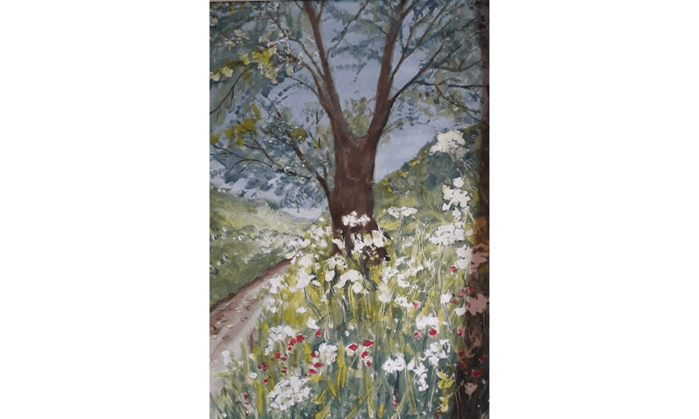 Watercolour painting of tree and flowers