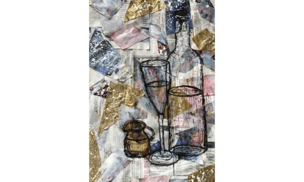 Collage and drawing of bottle with glass