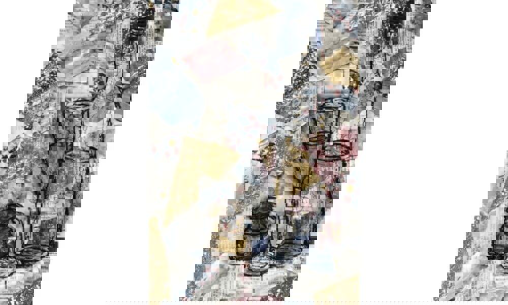 Collage and drawing of bottle with glass
