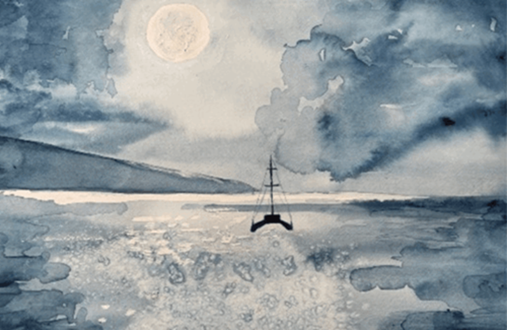 Painting of boat in sea