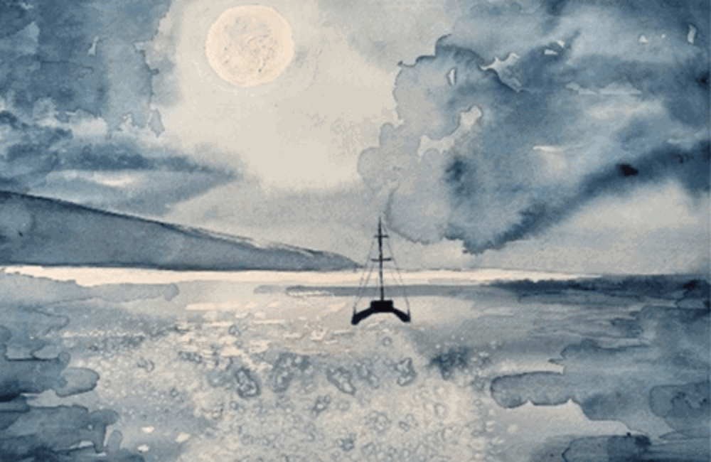 Painting of boat in sea