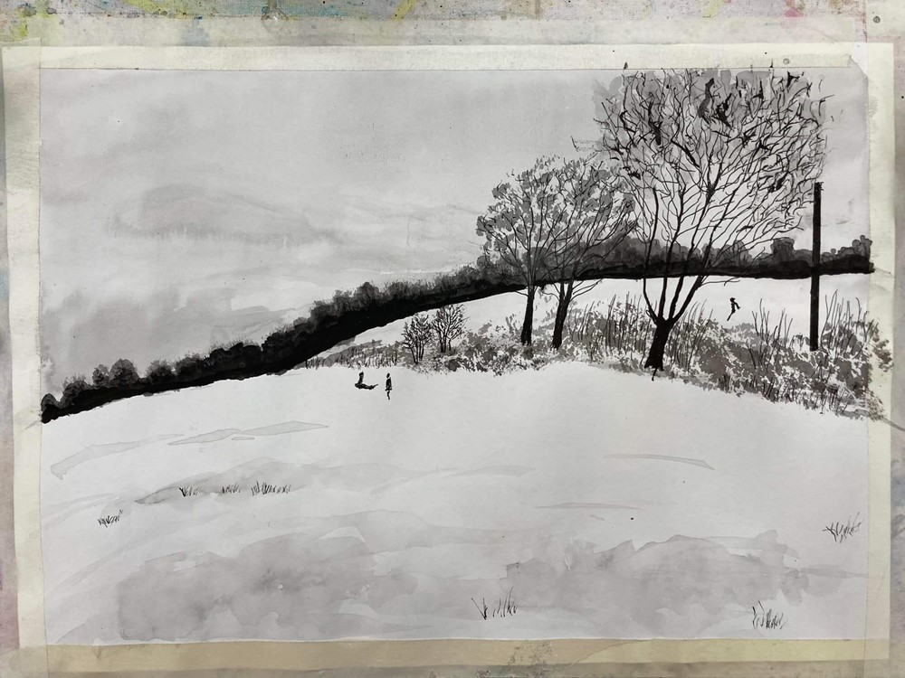 Black and white painting of field