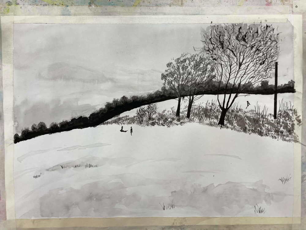 Black and white painting of field
