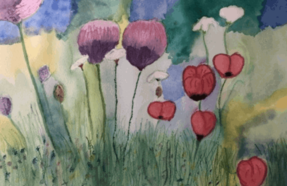 Painting of poppies in field 