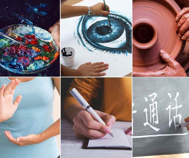 Square tiles of paint, art, pottery, fitness, writing and Chinese language