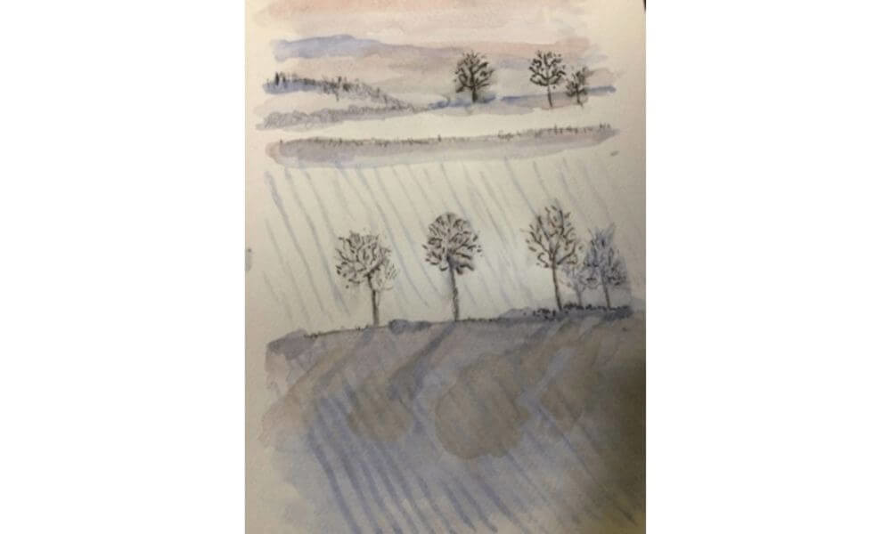 Watercolour painting of trees in field