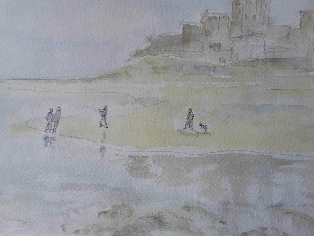 Learner painting of a beach scene with people walking along a beach
