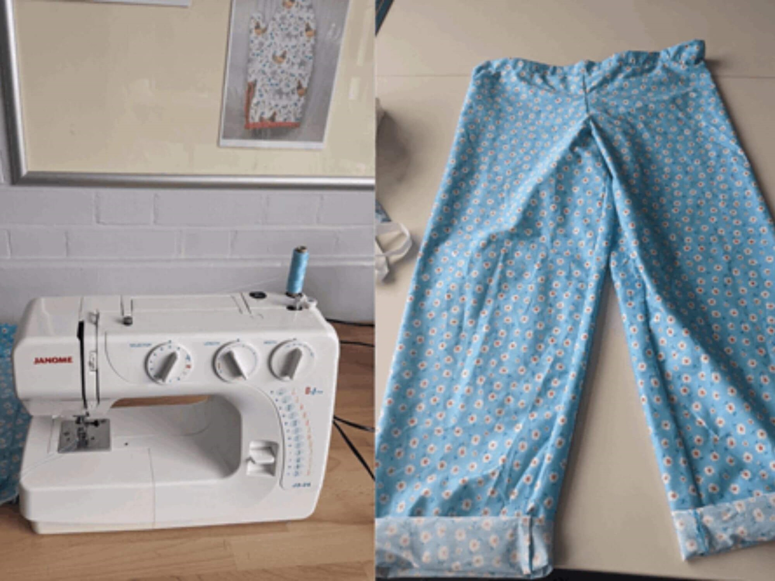 Sewing machine and handmade trousers