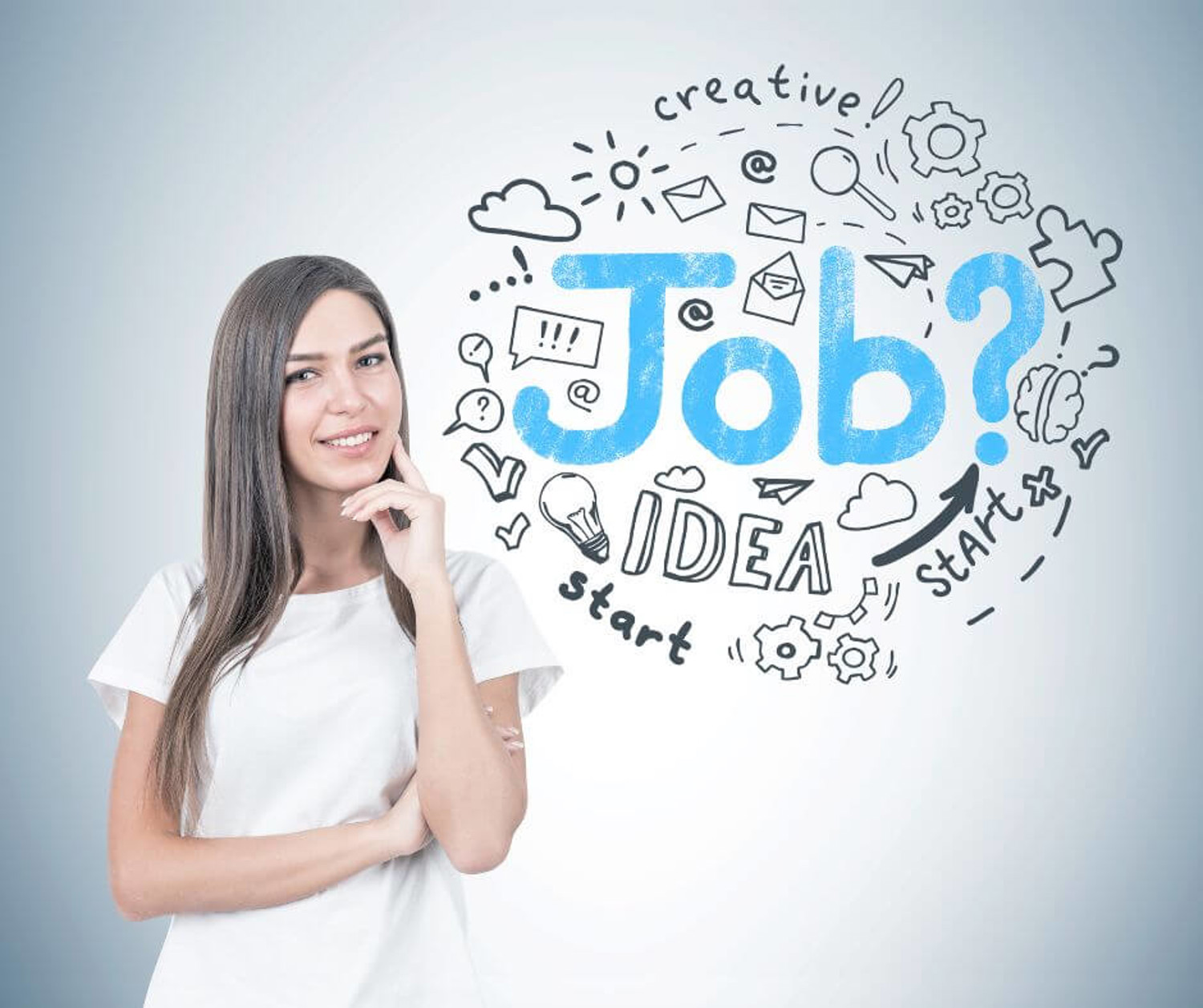 Smiling young woman with fair hair wearing a white T shirt and thinking while looking at the viewer. A grey wall with a round job search sketch on it.