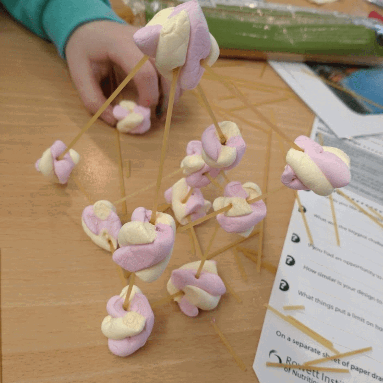 Spaghetti tower with marshmallows