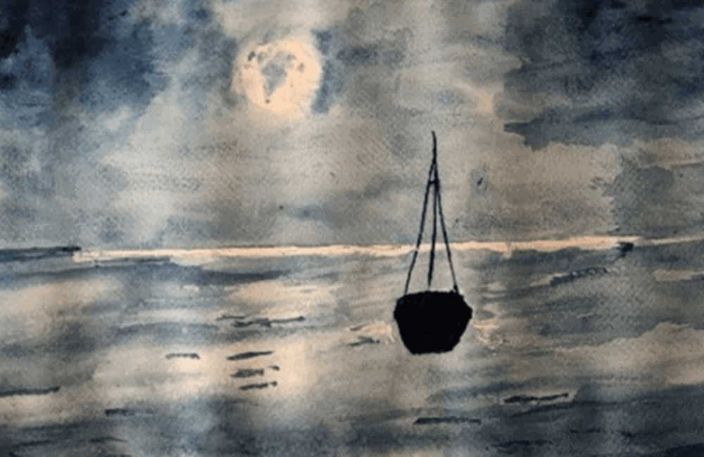 Painting of boat at night in sea