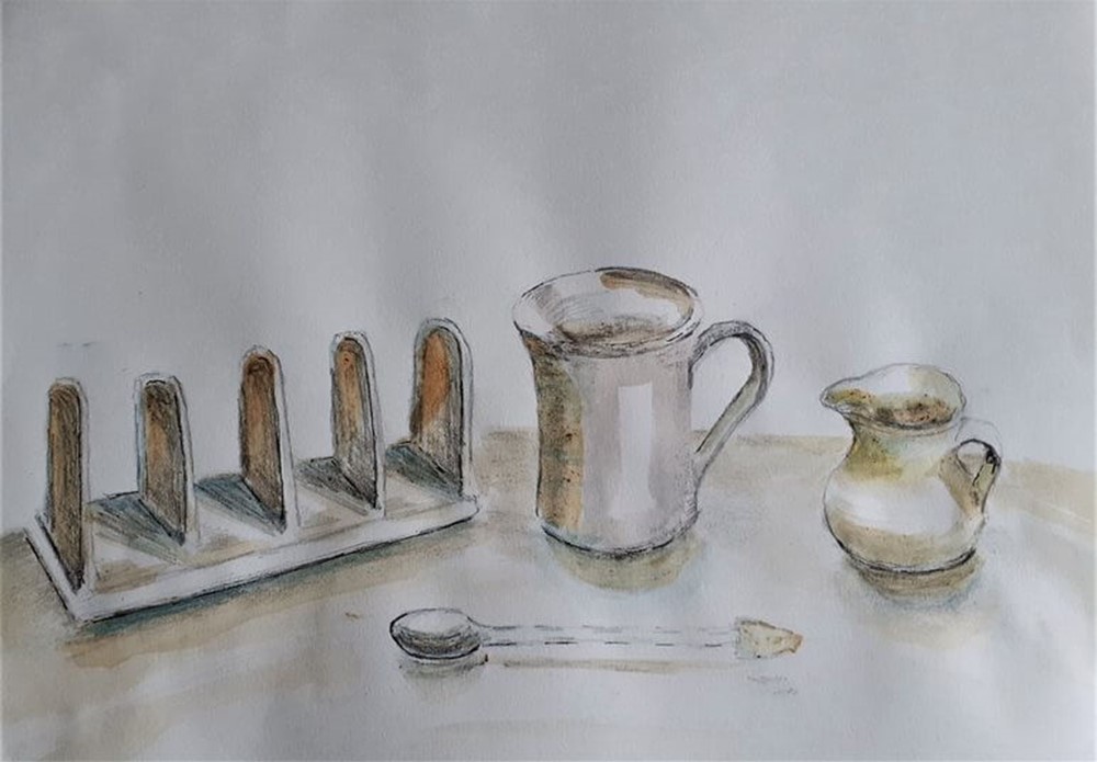 Painting of toast rack and milk jug with spoon