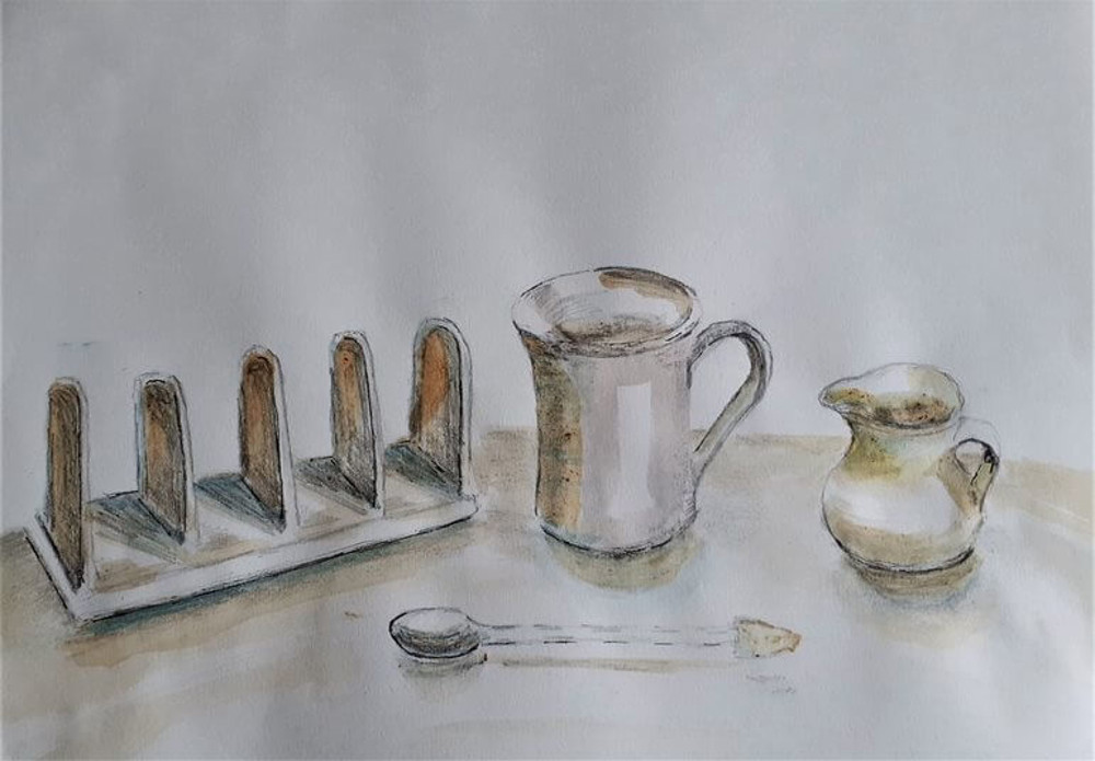 Painting of toast rack and milk jug with spoon