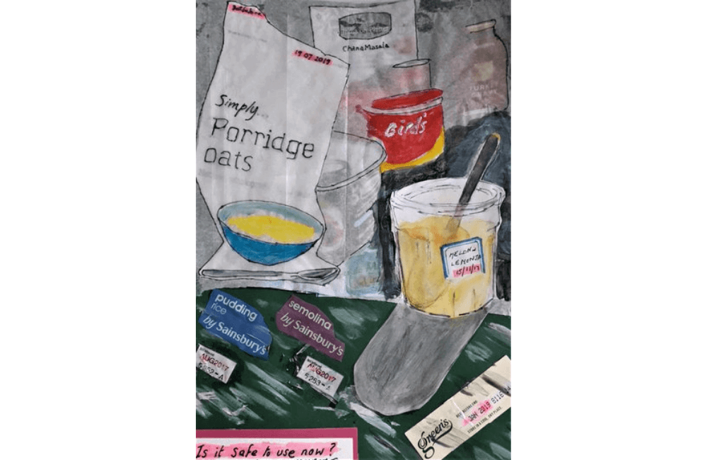 Mixed media art of porridge oats packet