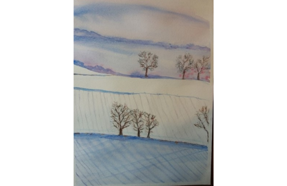Watercolour painting of trees in field