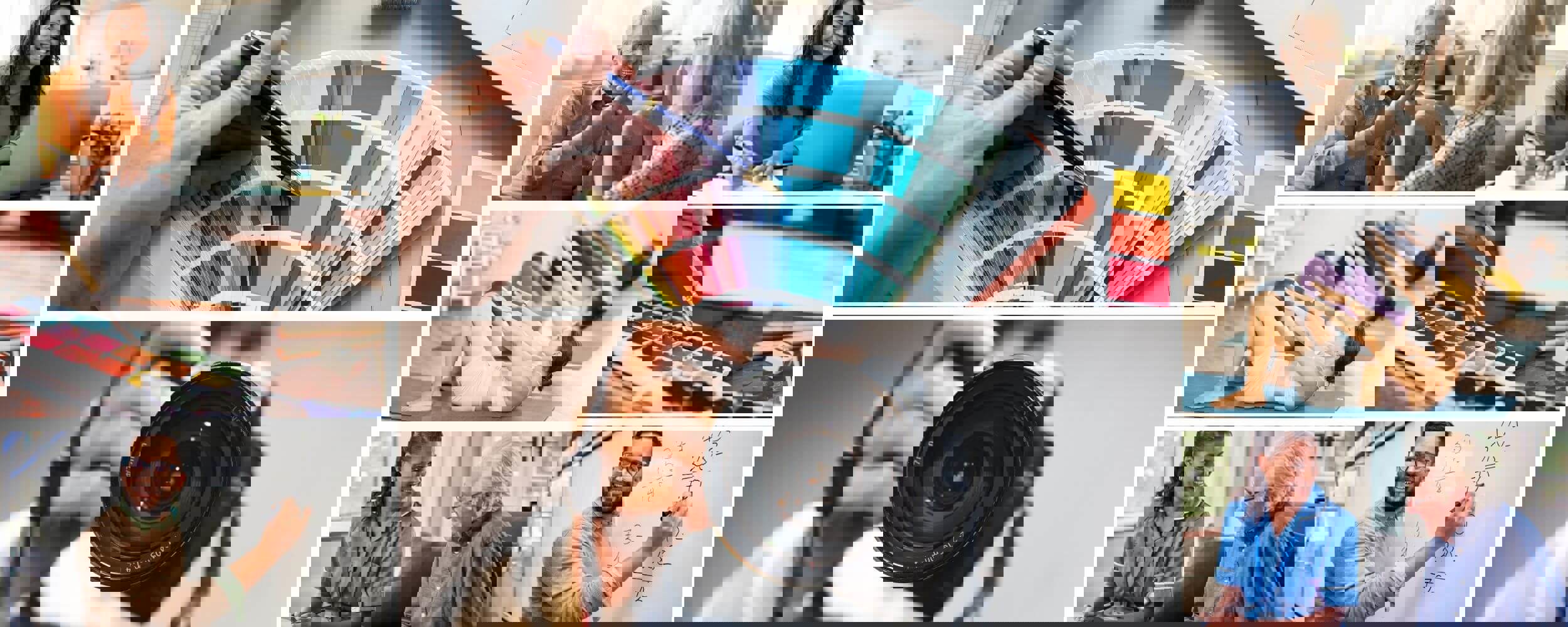 Selection of different images in a grid formation showing a person working on a computer, watercolour paints, person writing maths equations on a whiteboard, colour swatches, a camera, people communicating in sign language and a health care worker