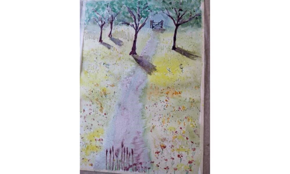Watercolour painting of trees in field
